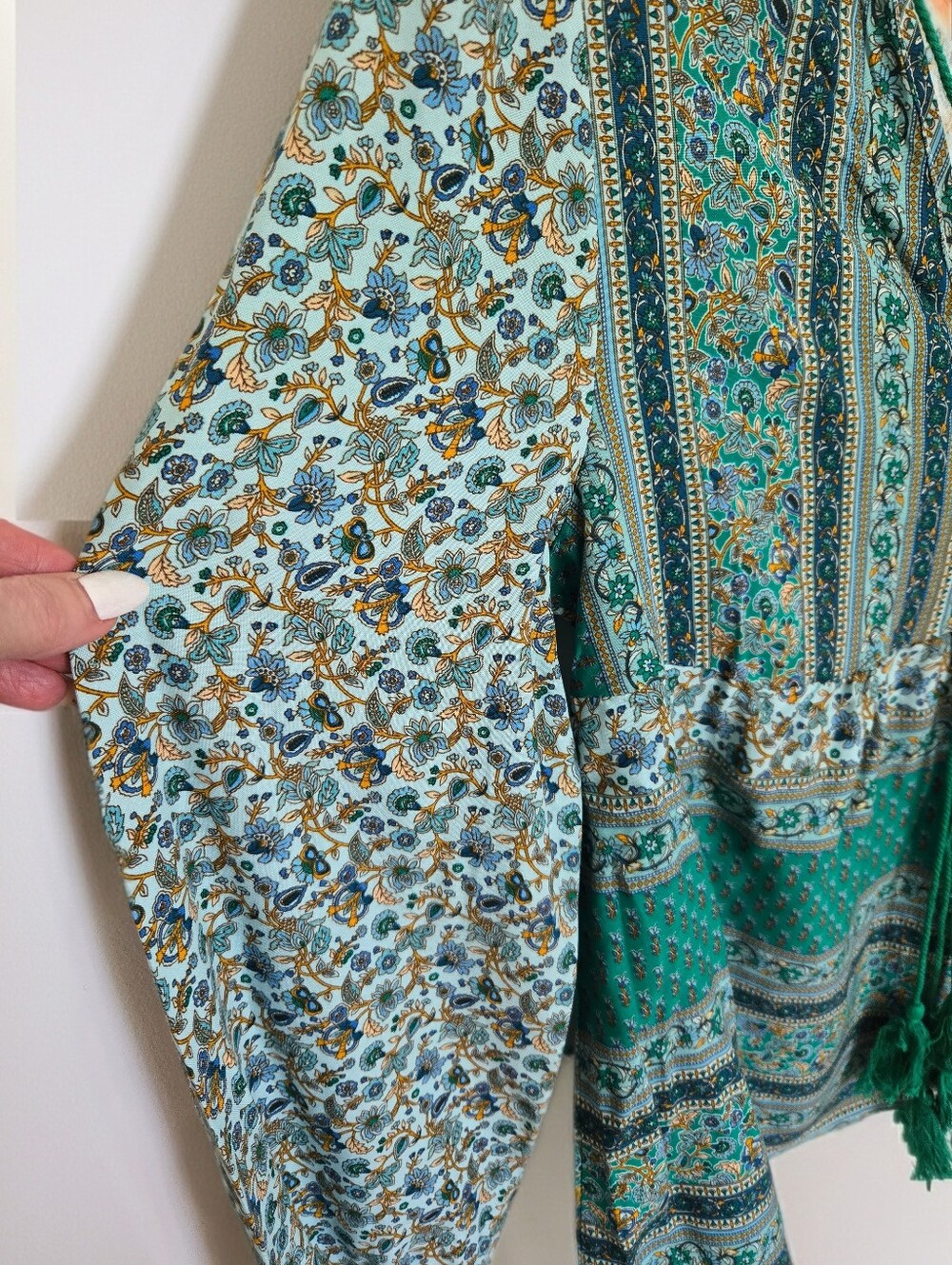 Bohemian Green Patterned Peasant Blouse With Puff Sleeves & Tassels V-neck SML - Picture 4 of 9